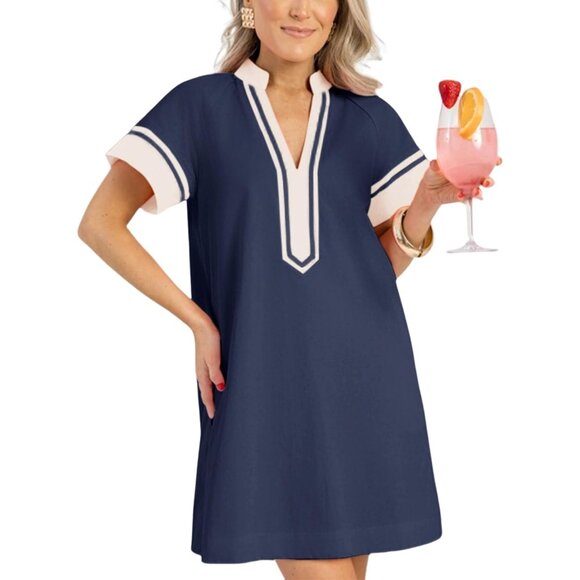 Linen Cotton Summer Dress Women Short Sleeve V Neck A-Line Mini with Pockets - Picture 1 of 5